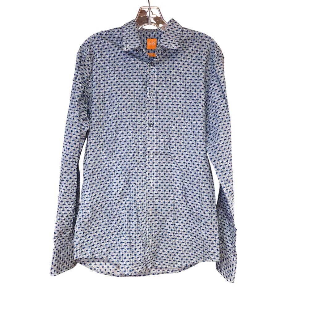 Hugo Boss slim fit blue and white geometric design button up shirt sz S